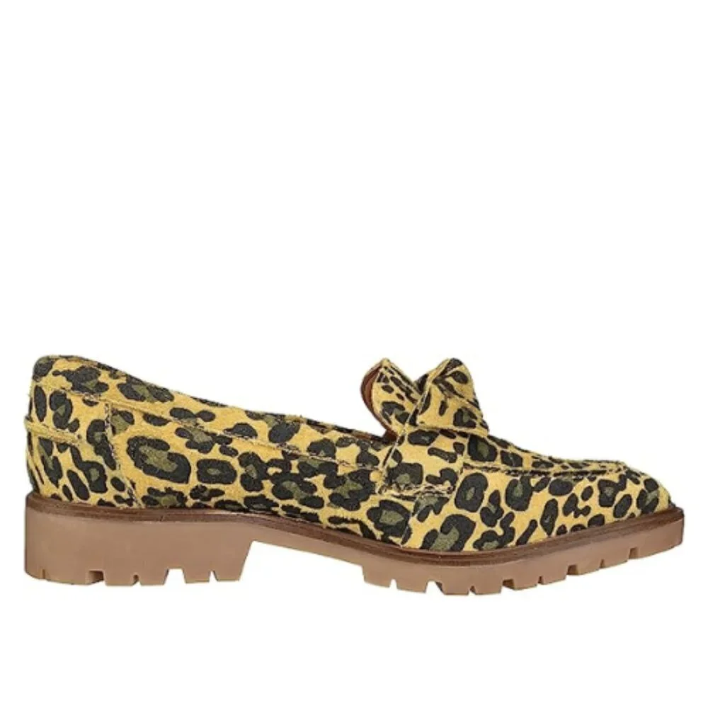 NEW Lucky Brand Tamio Leopard Print Suede Flat Loafer in Inca Gold